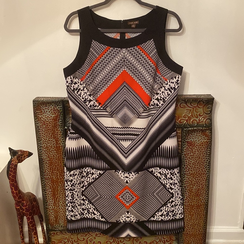 Voir Voir black, orange, grey and white dress.